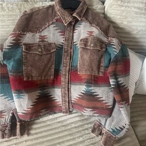 Southwestern Patterned Jacket with Corduroy Accents- Pink Lily